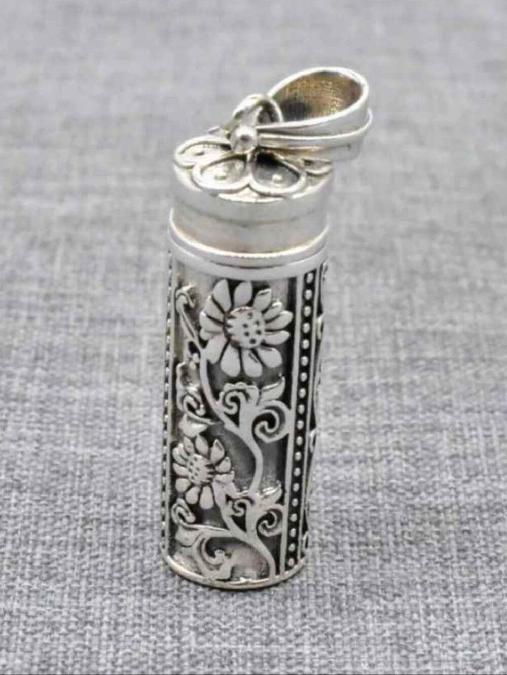 Sterling Silver Floral Cylinder Pendant - Silver